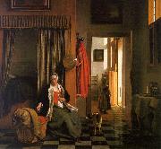 Pieter de Hooch Mother Lacing her Bodice Beside a Cradle painting